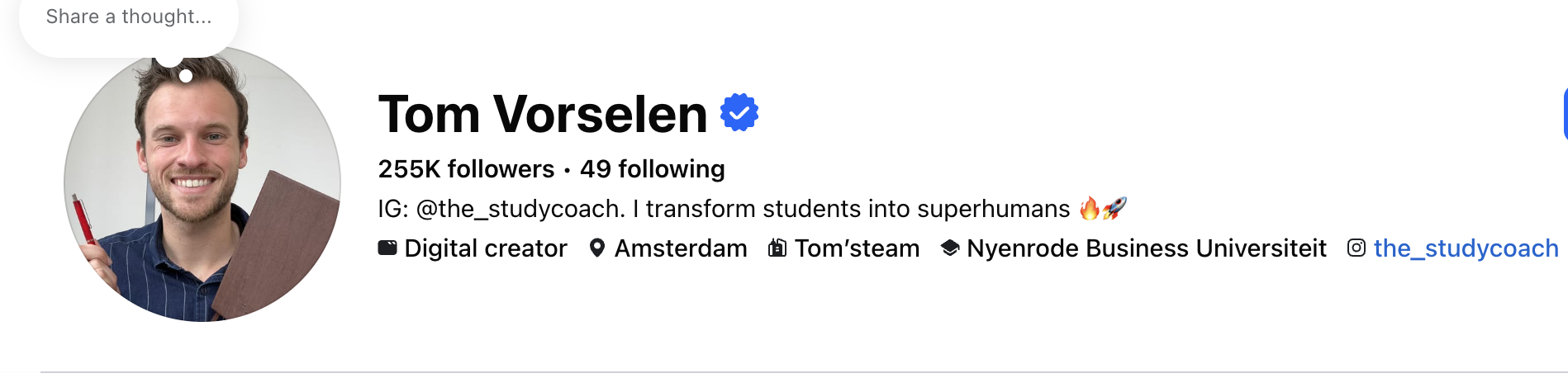 Facebook page of Tom Vorselen with 255K followers