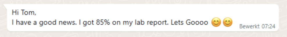 Learner scored 85% on a lab report
