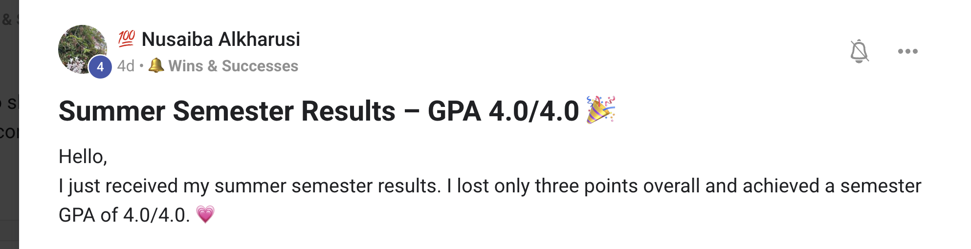 Nusaiba achieved a 4.0/4.0 GPA over a summer semester